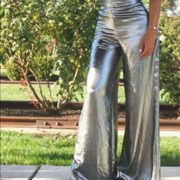 Nasty Gal Pants - Metallic Silver/Pewter High WaistWide Leg Trouser